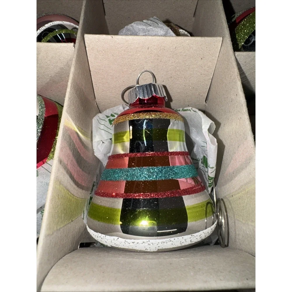 Christopher Radko SHINY BRITE Glass Ornaments Set of 9 Indents‎ Bells Striped